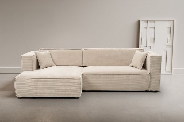 WERK2 Ecksofa Atlanta-New, modernes Design, Stellmaße 295x182 cm, L-Form, Kedernaht, hoher Komfort, Schlaffunktion & Bettkasten, Cord, Natur