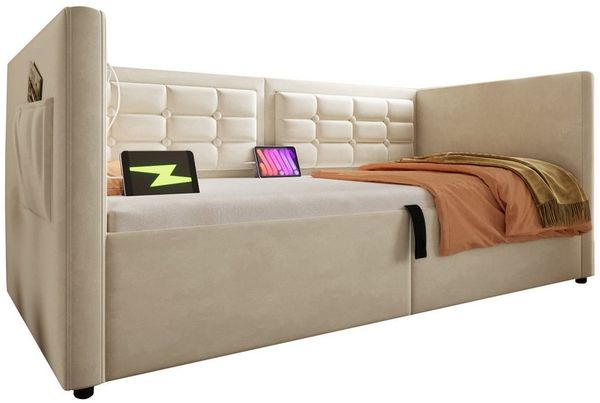 Ulife Schlafsofa mit Hydraulischem Stauraum und USB & Type-C Ladestation, 1 Teile, Gästebett mit Holzlattenrost