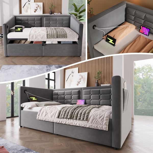 Polstertes Sofabett 90x190 cm, Einzelbett Schlafsofa mit Hydraulischem Stauraum und USB & Type-C Ladestation, Gästebett mit Holzlattenrost, Grau, Samt, Ohne Matratze