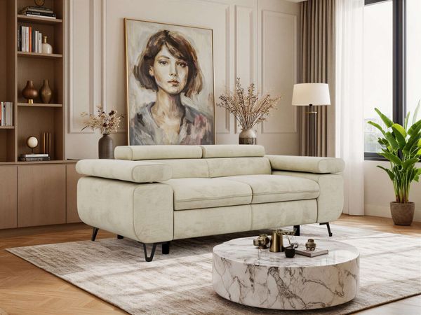 2-Sitzer Polstercouch PETER mit verstellbaren Armlehnen und Kopfstütze, Gepolsterte Couch, Wellenfeder - Beige Velvet