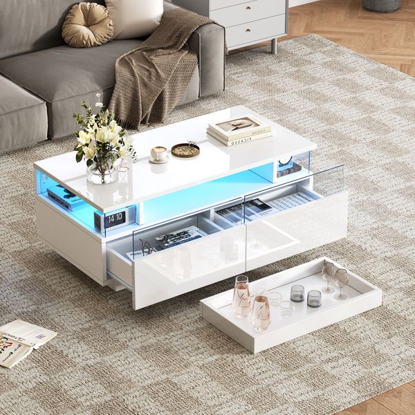 Merax Couchtisch mit Tablett, Hochglanz-Couchtisch fürs Wohnzimmer, Sofatisch mit 2 Schubladen, tragender Beistelltisch aus gehärtetem Glas, kaffeetisch mit LED-Licht, Weiß