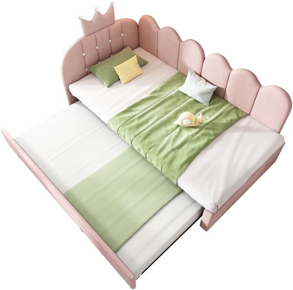Merax Einzelbett 90x200 cm, Kinderbett, Polsterbett mit 90x190 cm Ausziehbett, Niedliches Kronen- und Gitterdesign, Samt, Rosa Bild 10