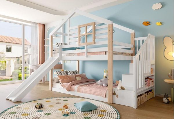 LVHOM Kinderbett Spiel-Spitze Etage mit Rutsche und Treppe, Rundum-Geländer, Holzrahmen (Massivholz Komplettset, Liegefläche: 2 mal 90x200cm, 2-stöckiges Hausbett(Dach-Design), Hochbett/Etagenbett mit integrierter Rutsche, stabiler Treppe mit Staufäche...