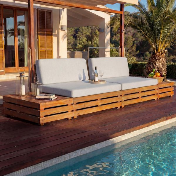 Garten-Garnitur HWC-L28, Lounge-Set Sitzgruppe Lounge-Sessel Sofa, Spun Poly Akazie Holz MVG ~ Polster hellgrau