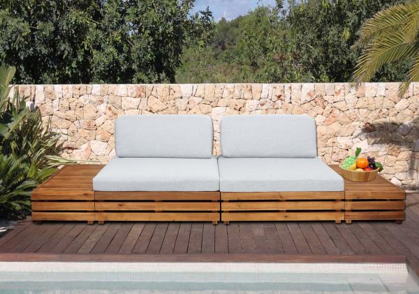 Garten-Garnitur HWC-L28, Lounge-Set Sitzgruppe Lounge-Sessel Sofa, Spun Poly Akazie Holz MVG ~ Polster hellgrau