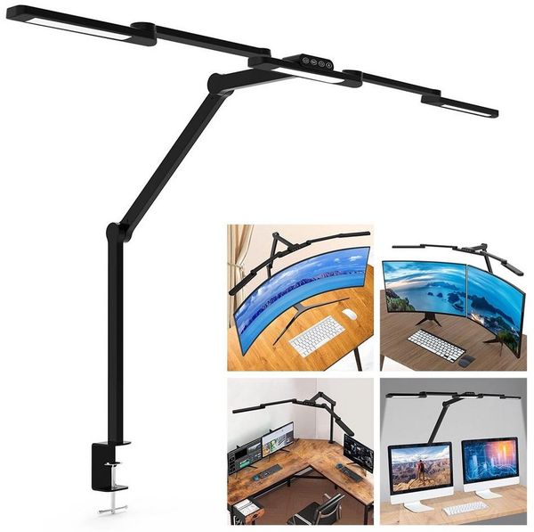 LMaxhome LED Schreibtischlampe Doppelkopf Tischleuchte mit Klemme Dimmbar Touch-Steuerung Augenschutz, 24W, LED fest integriert, 5 Farbtemperaturen(3000K-6500K), 5 Helligkeitsstufen, Groß Architekt Leselampe für Büro,Arbeit,Studium