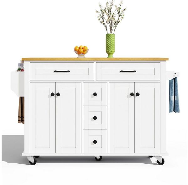 MC Star Küchenwagen mit ausklappbarer Arbeitsplatte, 120×65 cm erweiterbar, Schränken, Gewürz- & Handtuchhalter, auf Rollen – Kücheninsel