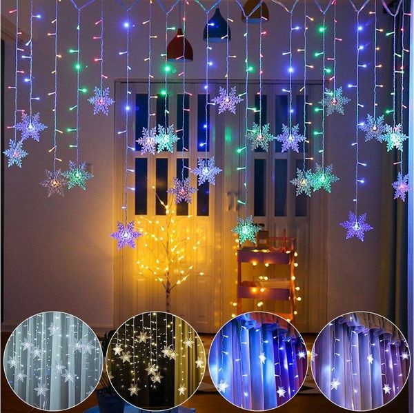 Merry 2024 LED-Lichterkette LED Lichtervorhang Lichterketten,Schneeflocke LED Vorhang Lichter, 8 Modi, Speicherf,chneeflocken Lichterkette