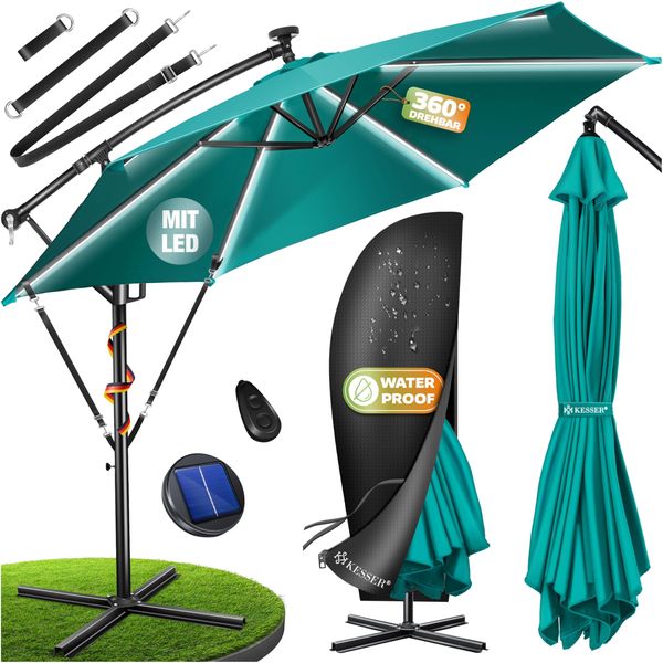 KESSER® Alu Ampelschirm LED Solar + Abdeckung mit Kurbelvorrichtung UV-Schutz Aluminium mit An-/Ausschalter Wasserabweisend - Sonnenschirm Schirm Gartenschirm 300cm, Petrol Grün