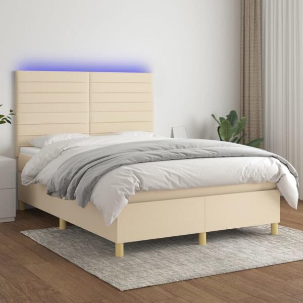 vidaXL Boxspringbett mit Matratze & LED Creme 140x200 cm Stoff 3135522