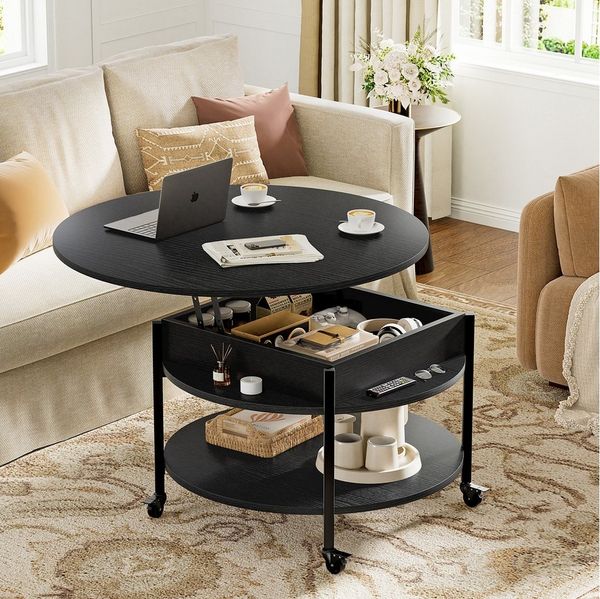 FABATO Couchtisch Runder Couchtisch mit Höhenverstellung, Rädern und Staufach (1-St), ideal für Wohnzimmer, in Schwarz