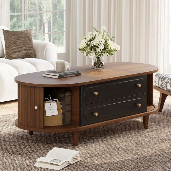 Merax Couchtisch Sofatisch Retro Beistelltisch in Walnussholzoptik (1-St), Wohnzimmertisch mit Rolltüren, 2 Schubladen & Stauraum, 100x50x36cm