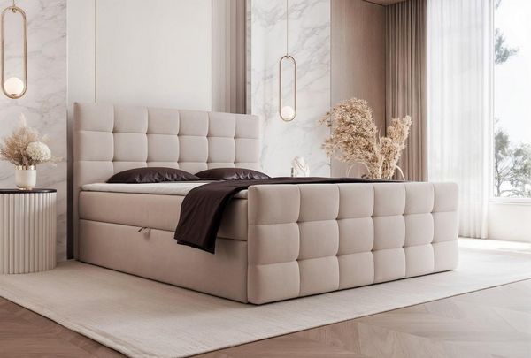 Compleo Boxspringbett elegant und modern, Doppelbett gepolstertes Kopfteil mit Bettkasten, Polsterbett Kontinentalbett, dekorativem Kopfteil