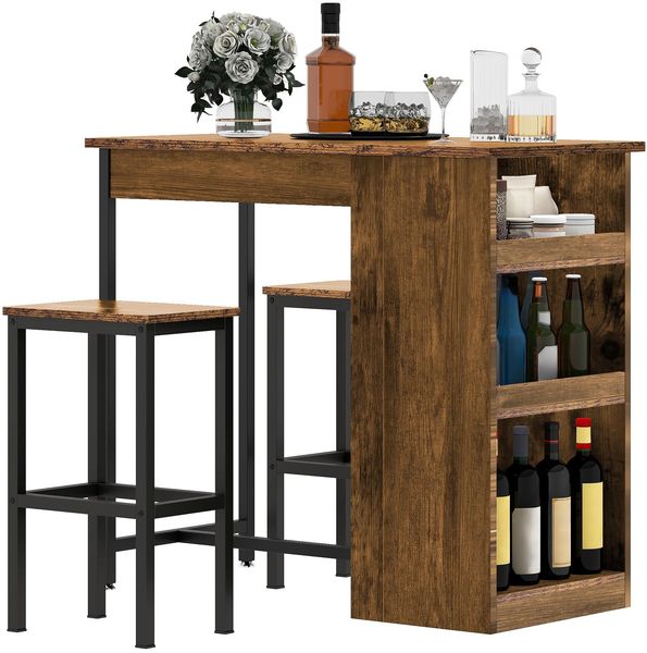 DWVO Frühstücksbar, Bartisch mit 2 Hockern und Ablage, Industrial Style Bartisch Set für Küche, Esszimmer, Kneipe, Rustikales Braun