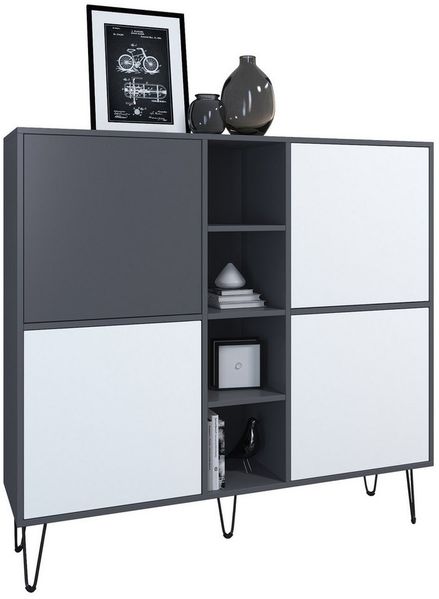 Vladon Highboard Havana V3 (Sideboard mit 4 Türen und 4 offene Fächer, Kommode Made in Germany), Anthrazit matt / Weiß matt (130,5 x 124 x 35 cm)