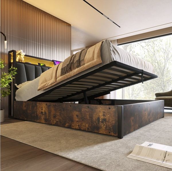 Flieks Polsterbett (1-tlg), LED Metallbett Holzbett mit Ladefunktion und Stauraum 160x200cm
