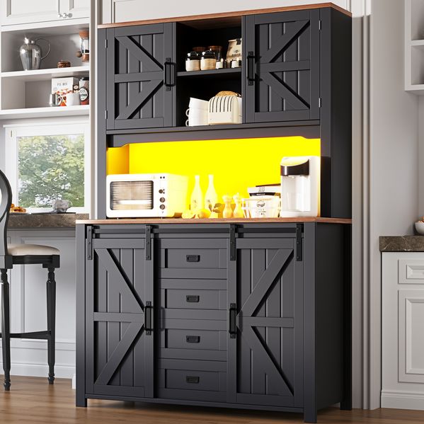 Hochschrank Sideboard mit LED-Beleuchtung & Schiebetüren, 115×40×174,7 cm, Schwarz