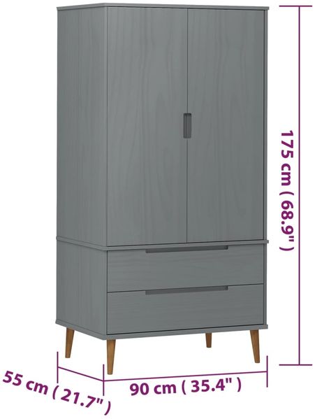 vidaXL 'Molde' Kleiderschrank, Massivholz Kiefer grau, 90 x 55 x 175 cm Bild 8