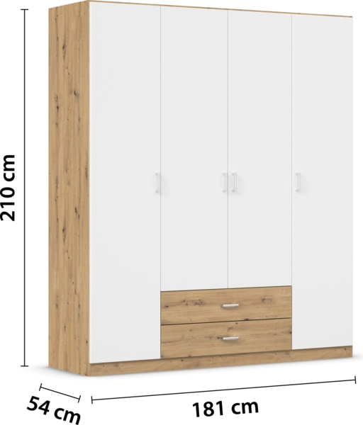rauch Kleiderschrank, Drehtürenschrank GAMMA, 4-türig, 2 Schubkästen, Alpinweiß/Eiche Artisan, 181 x 210 x 54 cm Bild 4