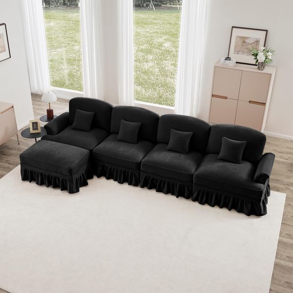 Ball & Cast Sofa Sets, Sofa 2 Sitzer mit Flared Armlehnen, Modulares Sofa mit Abnehmbarem Volant für Wohnzimmer, Schwarz, 4 Sitze + 1 Hocker