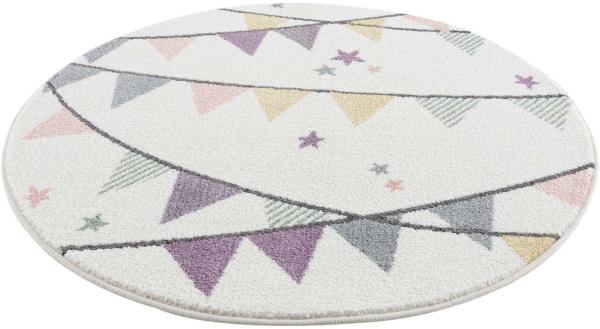 carpet city Kinderteppich Kinderzimmer Creme Lila - 160 cm Rund - Wimpel-Motiv - Kinderzimmerteppiche Mädchen - Babyzimmer-Teppich - Spielteppich