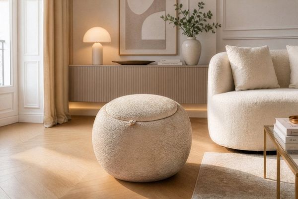 riess-ambiente Couchtisch ORBIT 50cm champagner greige - Bouclé, mit Tablett & Stauraum, rund (Einzelartikel), Scandi Beistelltisch - ideal für Wohn- und Esszimmer oder TV-Ecke
