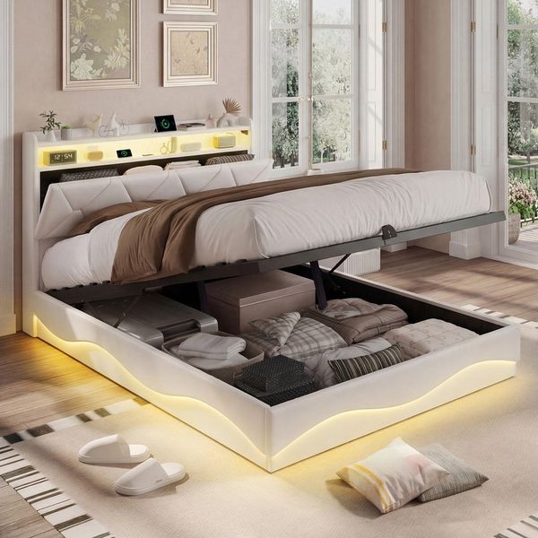 Simurq Polsterbett 160x200 cm Doppelbett mit Stauraum LED, USB, Samt (LED, Ladestation, 2 Farboptionen), Jugendbett, Stauraumbett, Funktionsbett