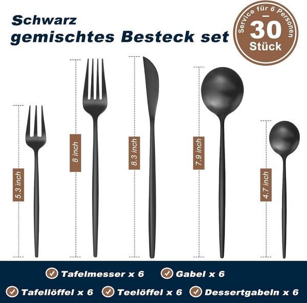 Venkuber Besteck-Set für 6 Personen, 30 teilig Essbesteck Set inkl. Messer, Gabel, Löffel (30-tlg), Edelstahl, Edelstahl, Besteck Edelstahl, Spülmaschinenfest