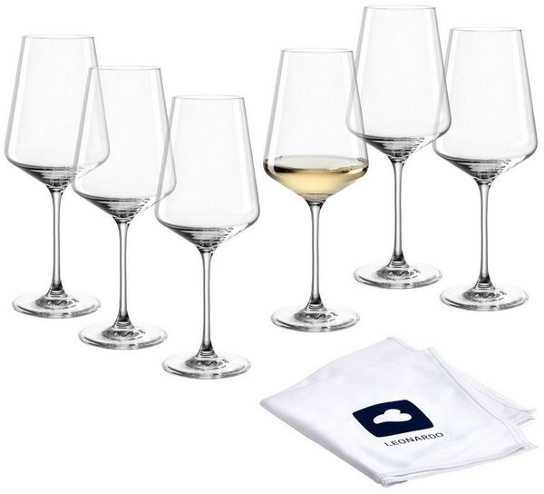 LEONARDO Weißweinglas Gläser-Set PUCCINI + Poliertuch, 7-teilig, Kristallglas, 6 Weisswein Gläser mit Poliertuch