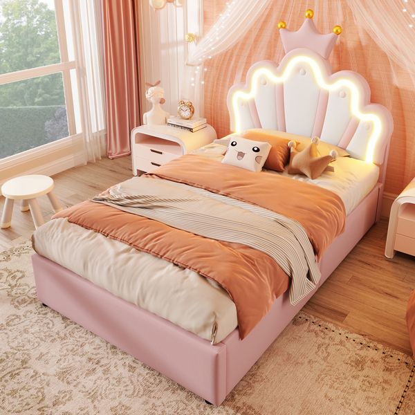 Polsterbett 90x200 cm ohne Matratze, rosa Kunstlederbett mit LED, Bettkasten und verstellbarem Kopfteil
