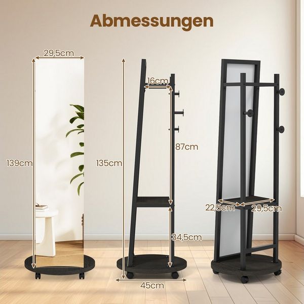 COSTWAY Kleiderständer, mit Ganzkörperspiegel 2in1, Standspigel, mit Ablage