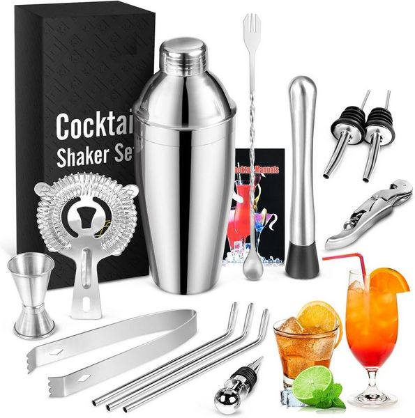 LA CUTE Cocktail-Set Edelstahl Cocktail Shaker Set 14-teilig mit Bar-Tools, Cocktailrezepte, (Cocktail Shaker Bar-Set 14-teilig mit Zubehör für Mixen & Geschenkbox, 14-tlg, 14-teiliges Edelstahl Cocktail Shaker Set für Zuhause & Bar), Auslaufsicher, sp...