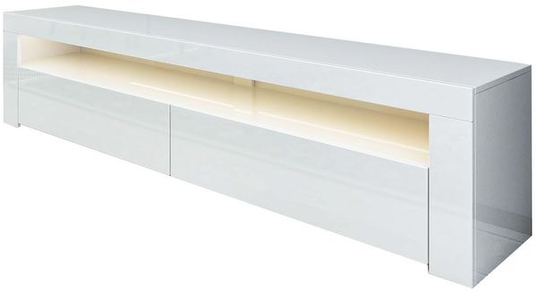 Moderner weißer TV-Ständer mit LED-Beleuchtung, 150 cm | 100% melaminbeschichtete Spanplatte, 18 mm stark | Wandmontage