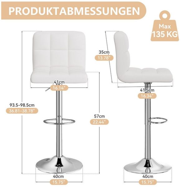 HawthyHome Barhocker Bistrohocker aus Kunstleder mit Rückenlehne und Fußstütze (2 St), Weiß