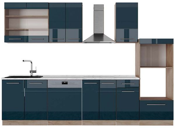 Küchenzeile Fame-Line Dunkelblau Hochglanz/Goldkraft Eiche 300 cm mit Hochschrank, AP Marmor Vicco