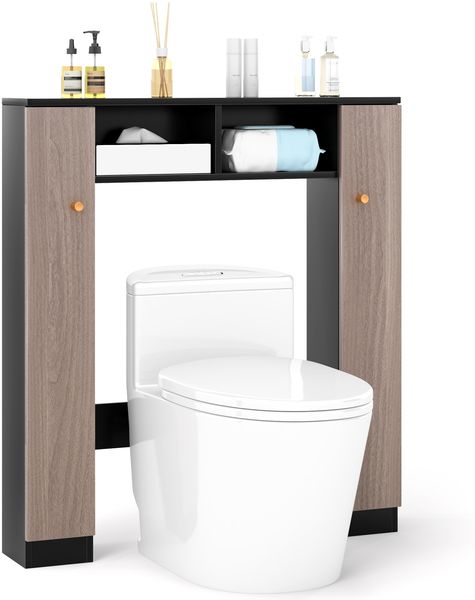 Badezimmerregal für über der Toilette doppeltüriger WC-Schrank mit 2 offenen Fächern Schwarz