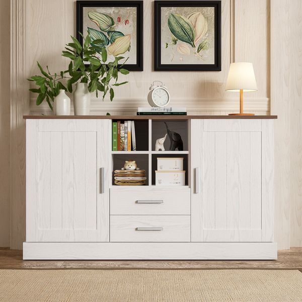 Sideboard mit 2 Türen, 2 Schubladen & 4 offenen Fächern, 140 x 40 x 79,5 cm, Weiß/Braun