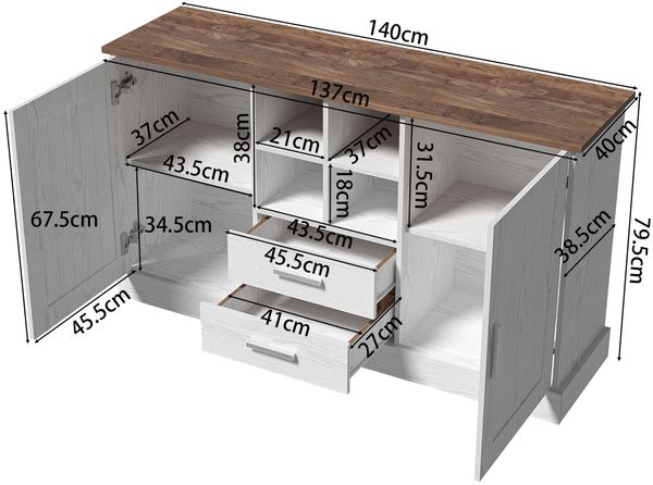 Sideboard mit 2 Türen, 2 Schubladen & 4 offenen Fächern, 140 x 40 x 79,5 cm, Weiß/Braun Bild 4