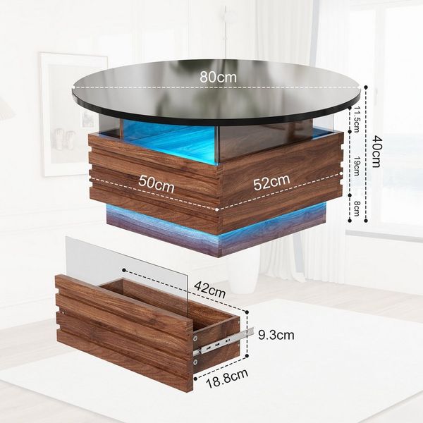 TWSOUL Couchtisch Rund Wohnzimmertisch Hochglanz mit 2 Schubladen und Stauraum Ø80x40 cm, Sofatisch Beistelltisch mit LED inkl. APP, Holz&Glas-Seitenwand