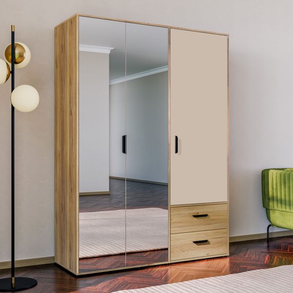 Forte MOKKARO Kleiderschrank 140 150, moderner Drehtürenschrank, 3-türig, 2 Schubladen, Spiegel, Mauvella Eiche Holzdekor|Kaschmir Beige, 144,4 cm breit x 200,1 cm hoch x 52,7 cm tief