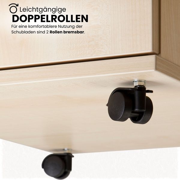 bümö Rollcontainer mit Schubladen, Container abschließbar aus Holz in Ahorn - Rollwagen für's Büro als Schreibtisch Unterschrank, Bürocontainer od. Schreibtischcontainer mit Bügelgriffe, AC30-3-3-BS Bild 7