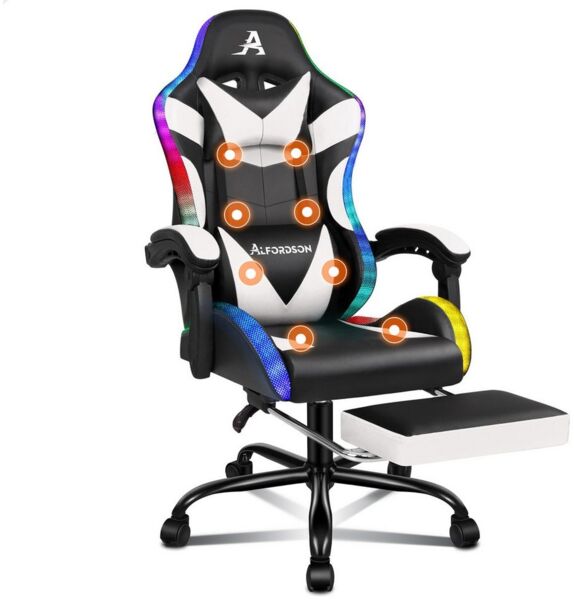 ALFORDSON Gaming-Stuhl Massagestuhl mit LED, ergonomischer Schreibtischstuhl mit 150° Neigung, Einziehbarer Fußstütze, PU-Leder, Höhenverstellbar, 180 kg Tragkraft