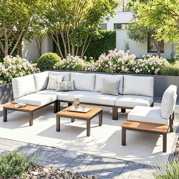 PHI VILLA Gartenlounge-Set, (Balkonmöbel Outdoor Ecksofa, Metall Gartenmöbel Set), Außen Gartensofa Wetterfest mit Couchtisch und Kissen, Beige-Grau