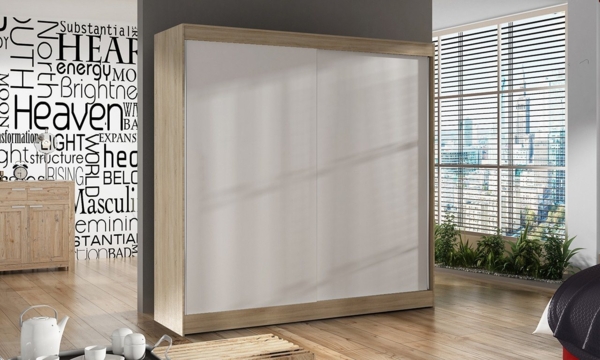 Kleiderschrank Basti X 200 cm - Schwebetürenschrank mit Kleiderstange und Einlegeboden, Schlafzimmerschrank mit 2 Türen, Schiebetürenschrank 200x215x58 cm (Sonoma/Weiß)