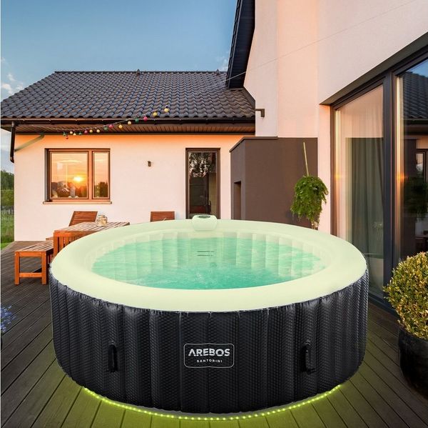Arebos Whirlpool SANTORINI aufblasbar für bis zu 6 Personen mit 130 Massagedüsen, (Komplett-Set, mit LED-Beleuchtung, 208 x 208 cm), für Outdoor & Indoor