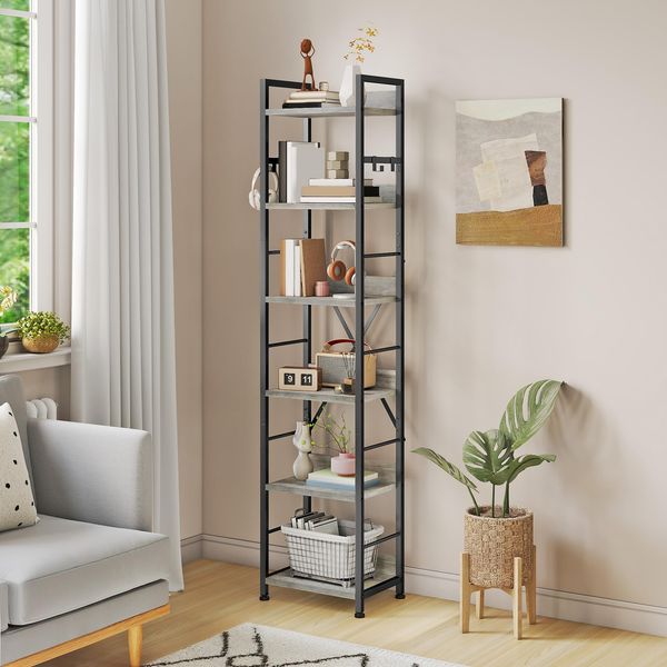 YITAHOME Bücherregal mit 6 Ebenen, Industrielles Standregal, Metallrahmen und Holzregale, Hohes Lagerregal mit 4 Haken, Präsentationsorganizer, für Wohnzimmer, Heimbüro, Grau Regal