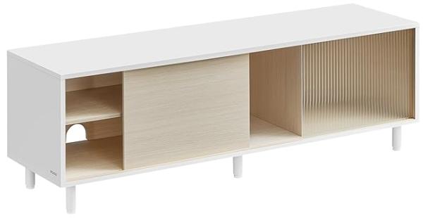 Vasagle TV-Schrank für Fernseher bis zu 60 Zoll, superschnelle Montage, Toolless-Technologie, Fernsehtisch Wohnzimmer, geriffeltes Glas modern, 140 x 39 x 45 cm, wolkenweiß-naturbeige