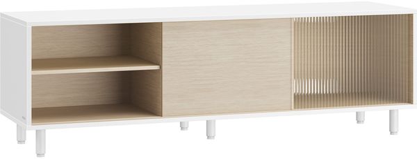 Vasagle TV-Schrank für Fernseher bis zu 60 Zoll, superschnelle Montage, Toolless-Technologie, Fernsehtisch Wohnzimmer, geriffeltes Glas modern, 140 x 39 x 45 cm, wolkenweiß-naturbeige