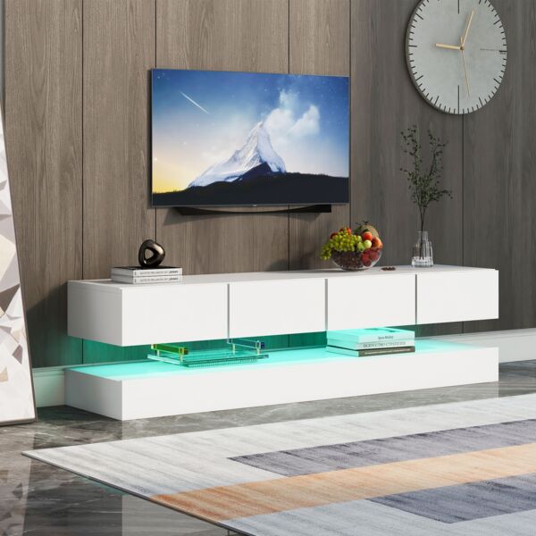 Wand-TV-Lowboard 130 x 33 x 15 cm aus MDF, Weiß, mit 4 Schubladen & LED per App