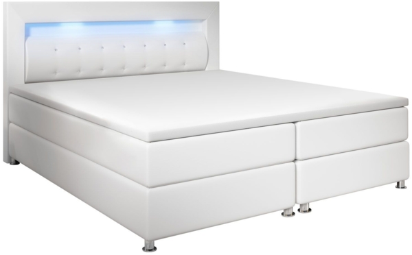 Juskys 'Montana' Boxspringbett mit Matratze, Topper, LED-Beleuchtung, Kunstleder weiß, 140x200 cm, H3